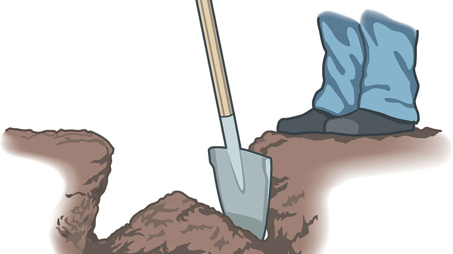 Ілюстрація лопати, яку встромлено у землю, з чоботом, що наступає на неї, для копання.